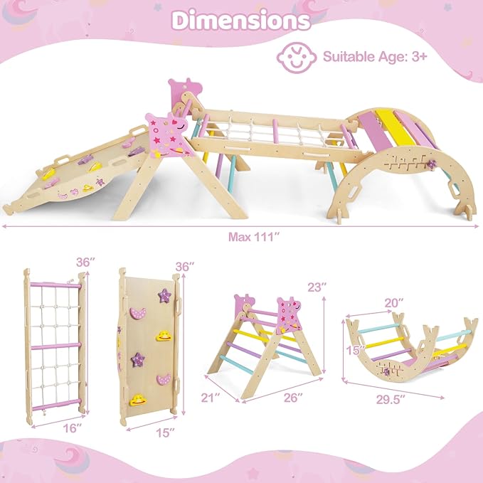 Costzon Pikler Triangle Set, 9-in-1 Foldable Baby Climbing Toys, Wood Montessori Climbing Set for Learning and Motor Skills, Indoor Playground Jungle Gym for Toddlers 3+ Climber Gifts (Pink)