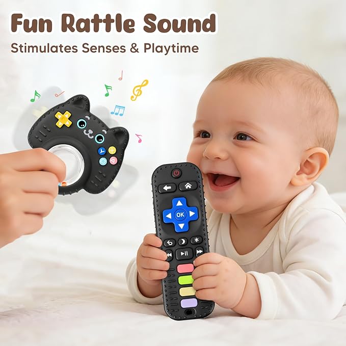 2 Pack Baby Teething Toys for Babies 3-6 6-12 12-18 Months, BPA-Free Silicone Remote Control Rattle Teether Toys, Baby Chew Toys for Teething Relief & Sucking Needs