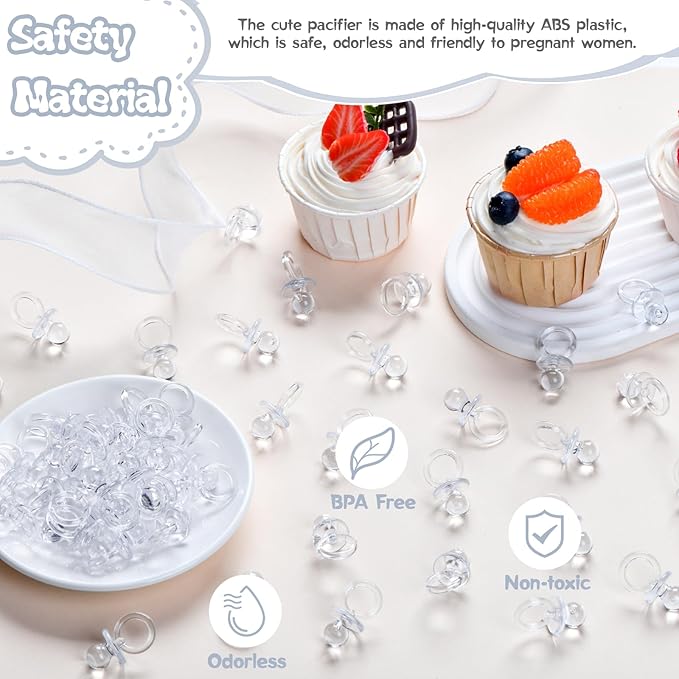 50 Pcs Mini Pacifiers Baby Shower Games, 1.25 Inch Cute Baby Shower Pacifiers, Bulk Acrylic Pacifier for Party Table Scatter, Pacifier Hunt Game, Gender Reveal Decoration Party Favors(Clear)