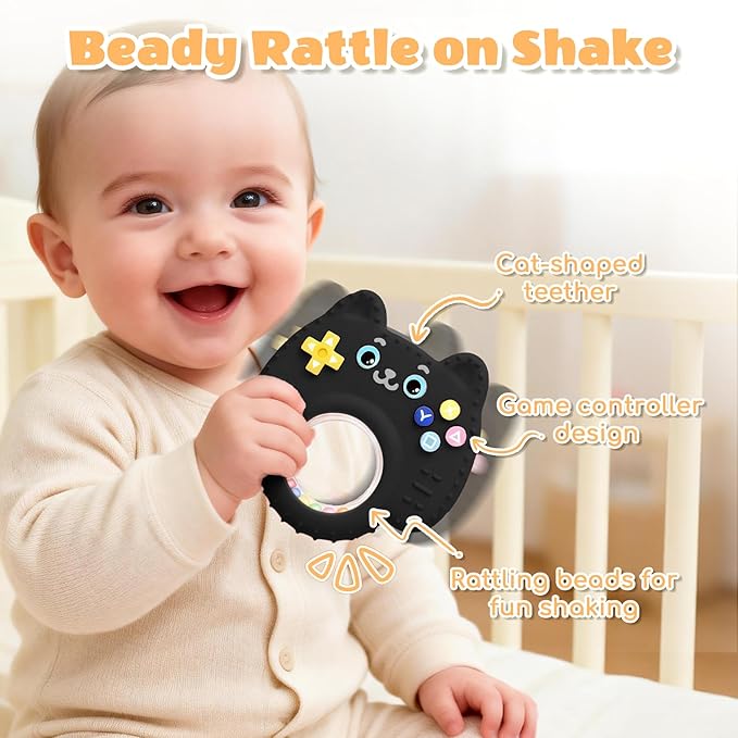 Silicone Baby Teething Toys for 0-6-12 Months, Kitten Remote Rattle Teether for Infant Gum Relief, No BPA Chew Toy for Infant 0-3-6-9-12, Easy-Grip Ring Gift for Travel & Bath