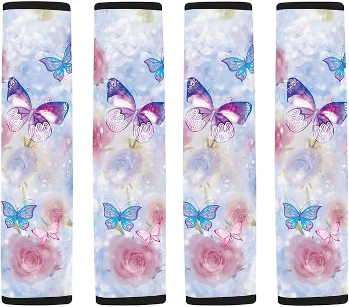 Rose Seat Belt Cushion Shoulder Strap Butterfly Car Seat Belt Holder 4 Piece Set Universal Flower Car Anti-Slip Shoulder Belt Protector for Cars Trucks SUVs Airplanes