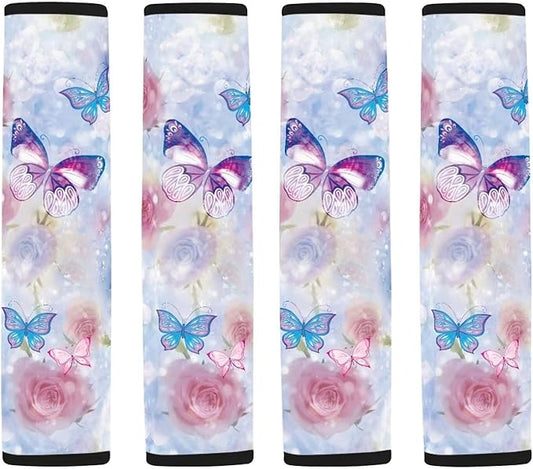 Rose Seat Belt Cushion Shoulder Strap Butterfly Car Seat Belt Holder 4 Piece Set Universal Flower Car Anti-Slip Shoulder Belt Protector for Cars Trucks SUVs Airplanes