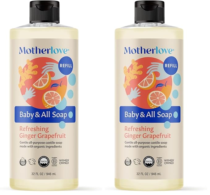 Motherlove Baby & All Soap (32 oz) Gentle Foaming All-Purpose Castile Soap Made with Organic Ingredients – Refreshing Ginger Grapefruit (Pack of 2)