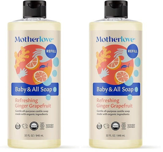 Motherlove Baby & All Soap (32 oz) Gentle Foaming All-Purpose Castile Soap Made with Organic Ingredients – Refreshing Ginger Grapefruit (Pack of 2)