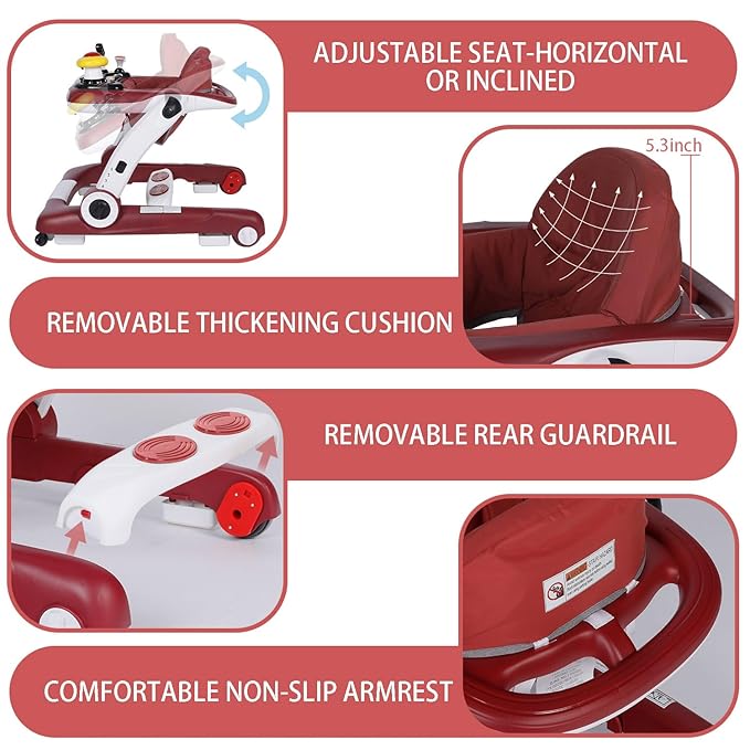 Kinder King Baby Walker with Music & Lights, 5 in 1 Baby Activity Walker with Wheel, Adjustable Height & Seat, Learning-Seated & Toddler Walk-Behind, Safety Bumper, Infant Walker Anti-Rollover, Red