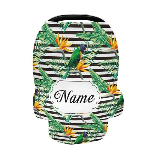 Personalized Baby Car Seat Covers for Boys Girls, Customized Carseat Cover with Name, Infant Stroller Canopy, Nursing Cover Breastfeeding Scarf for Newborn Babies, Tropical Plant Striped