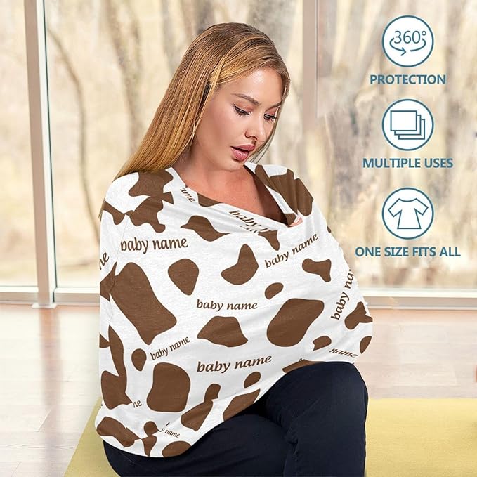 Personalized Baby Car Seat Cover for Babies, Custom Name Baby Car Seats Canopy for Boys Girls, Cow Stripes Brown Nursing Breastfeeding Stroller Covers for Infant Newborn, Shower Gift for Baby