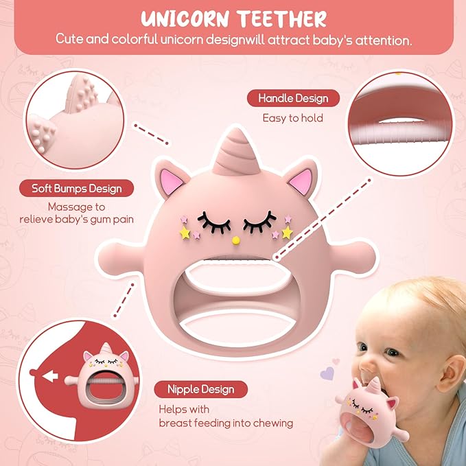 Teething Toys for Babies 6-12 Months, Tinabless Unicorn Never Drop Silicone Teether Designed for Babies 0-6 Months, Car Seat Toy for New Born, Natural Organic Baby Teether for Boys&Girls, Pink