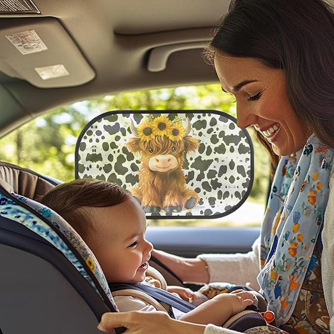 Bulopur 2 PCS Highland Cow Print Car Window Covers Sun Shade Side Window Sun Protection and Sun Shade Blocker Car Interior Automotive Mesh Windshield Shades for Baby