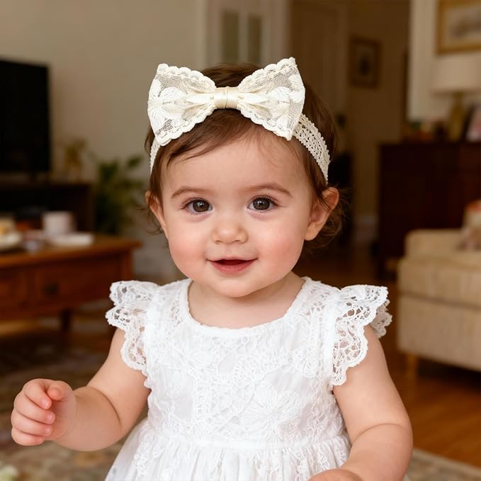 Baby Girls Bow Lace Headband Cute Soft Hairband White Butterfly Knot Headbands for Newborn Infants Toddlers Kids Christening Baptism Birthday Party Hair Accessories（Big flower bow）