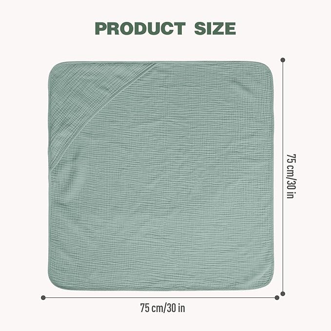 Cinaci 1pc Soft & Absorbent 100% Muslin Cotton Baby Hooded Bath Towel for Baby Girls Boys Newborns Infants Toddlers Kids (Green)
