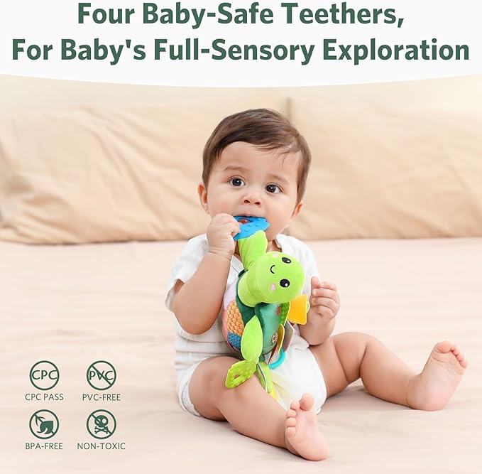 Turtle Baby Sensory Toy, 6 in 1 Montessori Tummy Time Texture Toys, Flip Scales & Multi-Textured Belly & Rattle Squeaker Teethers, Early Educational Shower Gifts for Baby Boy Girl Birthday Gifts
