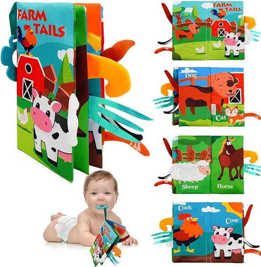 Baby Cloth Book Toys with Tails, Stroller Soft Toys for Infant Baby 0-18 Months (Farm Animals)