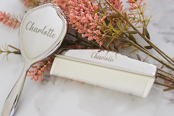 Engraved Silver-Plated Brush & Comb Set – Newborn Grooming Kit, Soft Bristle Hairbrush, Custom Baby Keepsake Gift for Baby Shower, Christening, Baptism.
