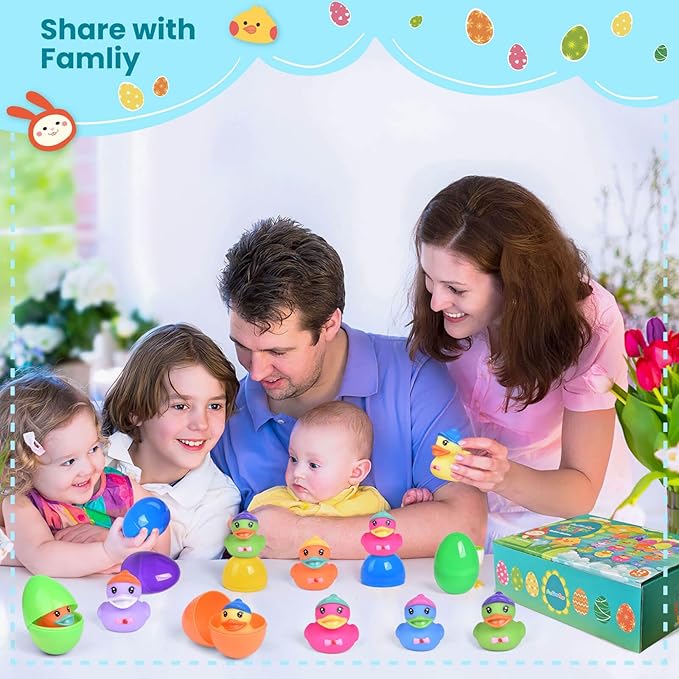 12 PCS Prefilled Easter Eggs with Rubber Duck Toys, Easter Basket Stuffers, Easter Egg Fillers, Bath Toy Squirters, Bathtub Toys for Kids