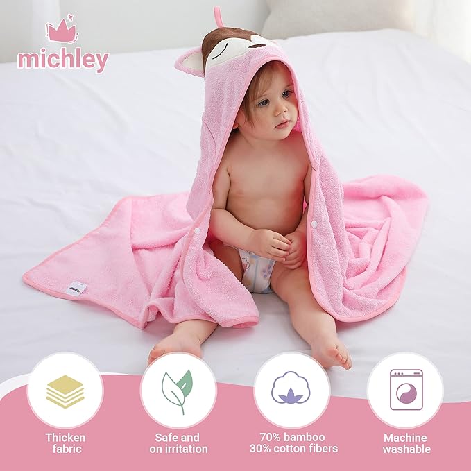 MICHLEY Bamboo Viscose Baby Hooded Bath Towel for 0-5 Years Boys and Girls, 29.5 x 39.5 Inch Ultra-Soft and Quick-drying Infant Bath (Pink Fox)