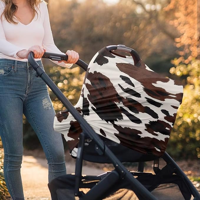 Baby Girls Nursing Cover Breastfeeding Scarf Soft Brown Cow Print Car Seat Canopy Easy to Install Modern Home Decor