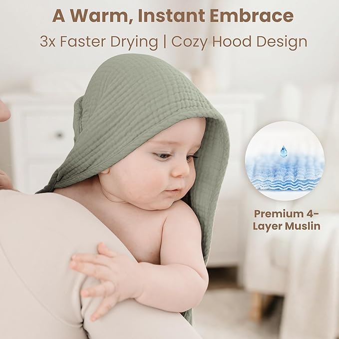 Konssy 2-Pack Muslin Hooded Baby Towels, 100% Cotton, Ultra-Soft & Absorbent Baby Bath Towels with Hood for Newborn & Infant (Fog Green, Sprout, 32" x 32")