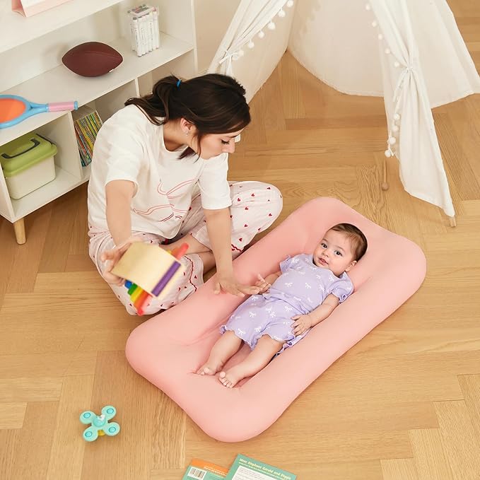 Baby Lounger 0-18 Months, Baby Lounger for Newborn, Soft Organic Cotton Breathable Lounger for Infants (Pink Baby Lounger)