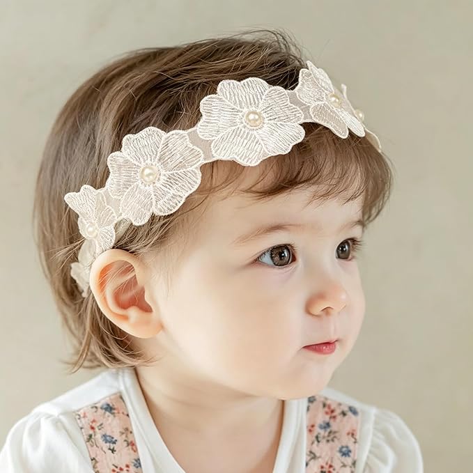 Baby Girls Flower Headbands Cute Kids Christening Headband Soft Lace Hairbands Floral Crown Newborn Infant Toddlers Hair Accessories for Birthday Party Photography(White Flower)