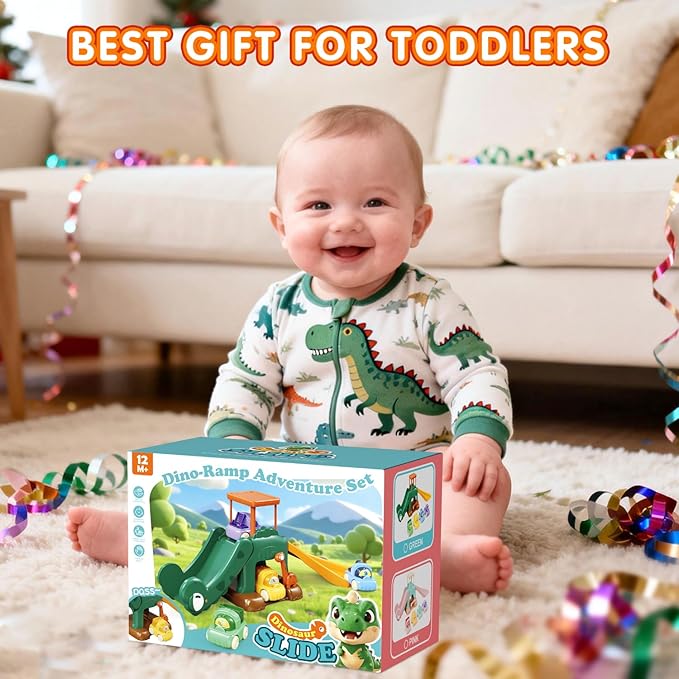 Toddler Toys for 1 2 Year Old Boys Educational Dinosaur Slide Toys with 4 Push Car Toys for Baby 12-18 Months,First Birthday Easter Gifts for Kids,Montessori Learning Race Car Track Ages 1-2 (Green)
