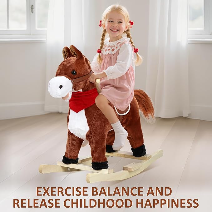 Rocking Horse for Toddlers Ages 1-6, Plush Ride On Toy with Sounds Moving Mouth & Wagging Tail, Interactive Wooden Rocker for Kids, Baby Rocking Chair Toys up to 120kg (Dark Brown Small)