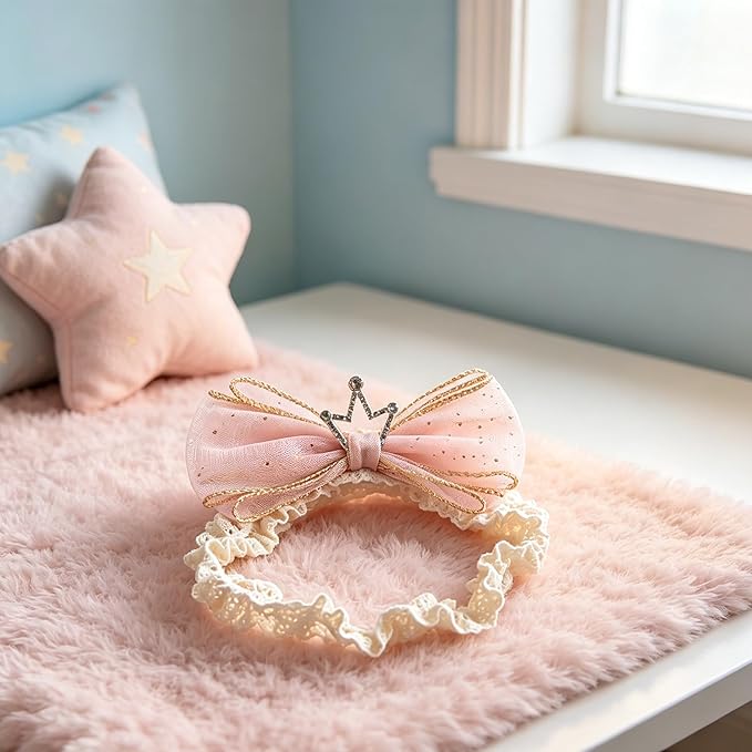 Baby Girls Hairbands Bow Lace Headband Handmade Soft Stretchy Pink Bowknot Hairbands Newborn Hairband with Bows Elastic Hair Bands for Kids Infant(Light Pink Crown Bow)