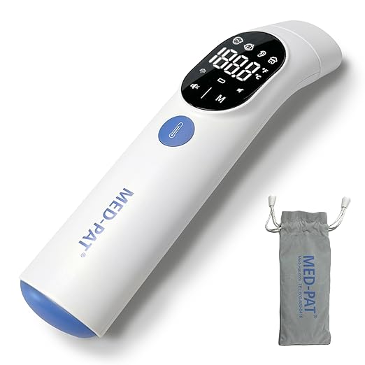 Med-Pat TH-1 Touchless Digital Thermometer - Infrared 1-Second Result - - Baby, Kids, Adults - Temperature Fever Alert, HD Color - Forehead & Ear Mode - Auto-Light & Silent Mode