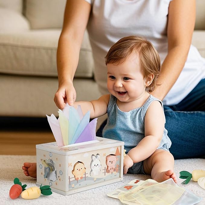 DINORUN Baby Tissue Box Toy - Baby Toys 18 Months 2 3 4 Years Montessori Toys for Babies 18 Months with Crinkle, Infant Activity Cube Sensory Christmas Stocking Stuffers Learning Toy for 2 3 4 Years
