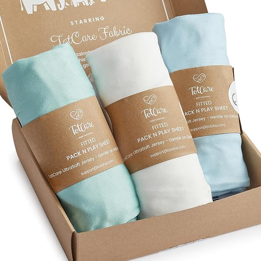 Pack and Play Sheets for Baby Bjorn, Guava Lotus Travel Crib and 24 x 42 Inch Travel Light Playard Mattress – Buttery Soft Jersey Pack n Play Sheets Fitted, Blue Sage Cloud, 3 Pack