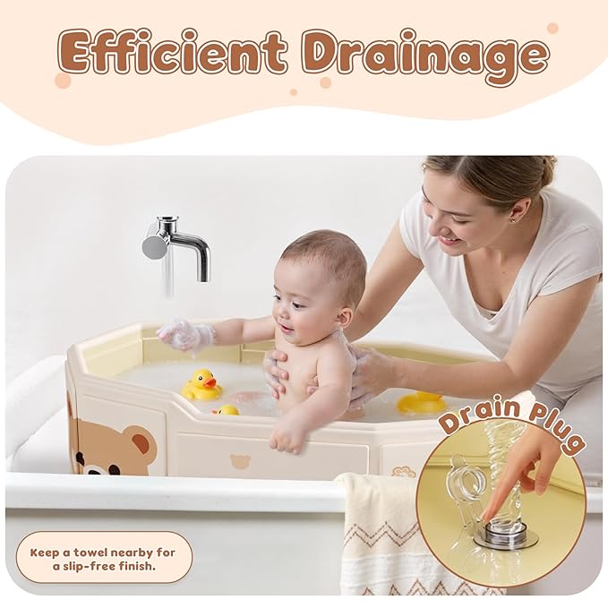 Foldable Baby Bath, Collapsible Baby Bathtub 3M-8Y, Portable Travel Baby Bath Tub with Non-Slip Base, Pop Up Folding Newborn Toddler Shower Tub, Space Saving, Brown