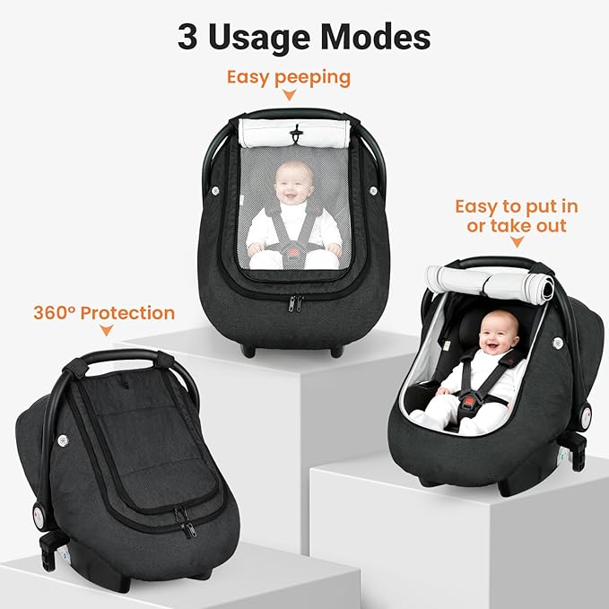 Rquite Car Seat Cover Baby, Carseat Covers Boy Girl, 2 Layers Window -Breathable Mesh & Wind/Sun Shade, Infant Car Seat Canopy Baby Carrier/Stroller Cover, Fit Spring, Fall, Winter, Cold Weather