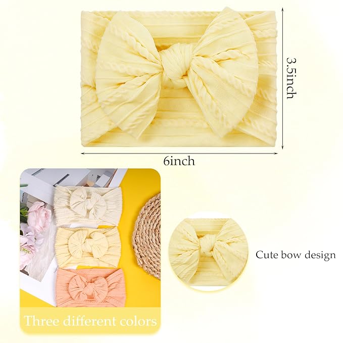 baotongle 3pcs Baby Girls Headbands Soft Stretchy Nylon Hair Bands Hair Accessories with Bows for Newborn Baby Girls Infant Toddlers Kids(Yellow,Pale Yellow,Orange Pink, 5.7inches)