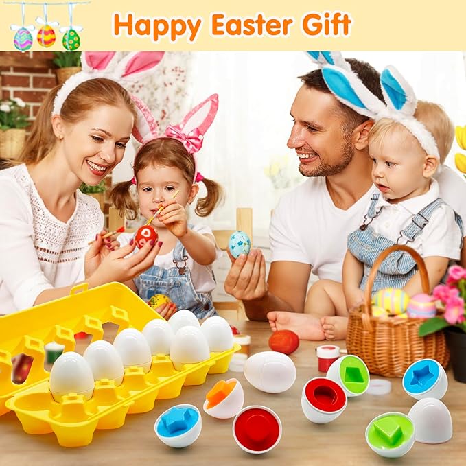 12 Pcs Plastic Easter Eggs Toys for Toddlers 1-3, Shape Sorter Puzzle Montessori Toys Color Matching Game Learning Activities Baby Easter Basket Stuffers Gifts for Kids 1 2 3 Year Old Girl Boy
