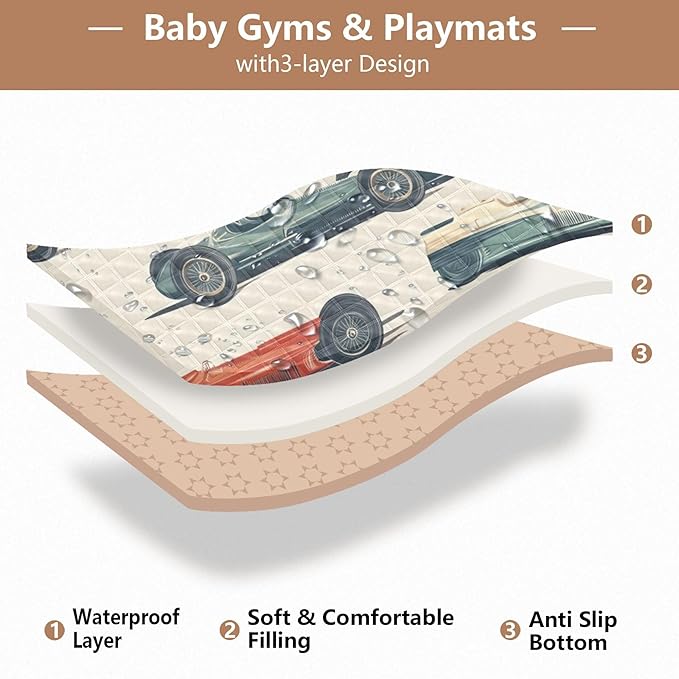 Race Cars Vintage Baby Playmat Washable Playroom Crawling Mat Non-Slip Play Mats for Floor 50x50 Mat