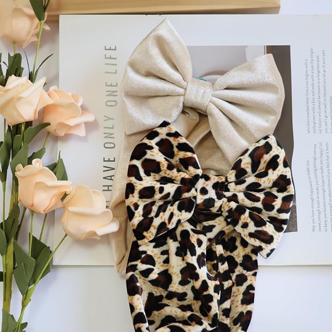 Velvet Khaki Leopard Baby Headbands Big Bows for Baby Girls Velvet Soft Hairbands Bows Wide Head Wrap Beige Hair Accessories for Newborn, Infant Toddlers 0-6Months