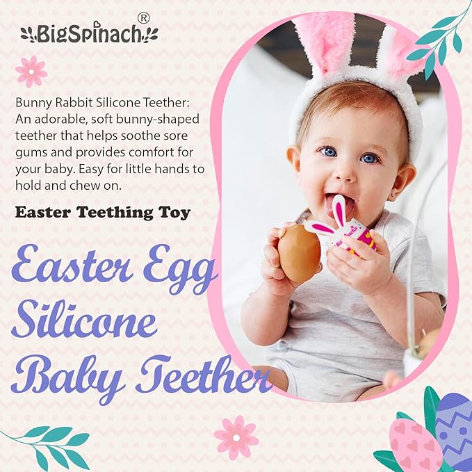 BIGSPINACH Easter Egg Baby Teether,Baby Teething Toy for Pain Relief,Silicone Bunny Rabbit Teether,Easter Gift for Babies,Sensory Toy for Boys & Girl (Rose Pink)