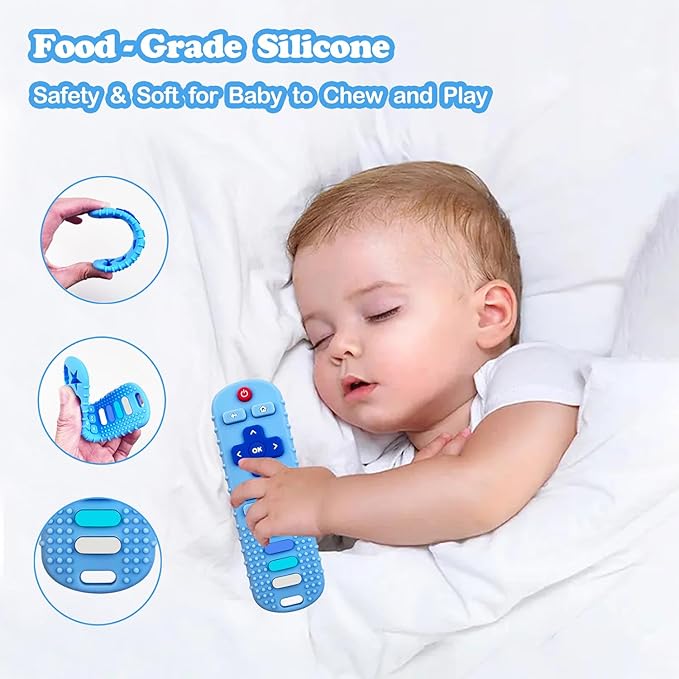2-Pack Silicone Baby Teething Toys, TV Remote Teethers for 6-12-18 Months Infant, Fire Remote Shape Toddlers Silicone Teethers for Boys and Girls Sensory Toy(Black+Blue)