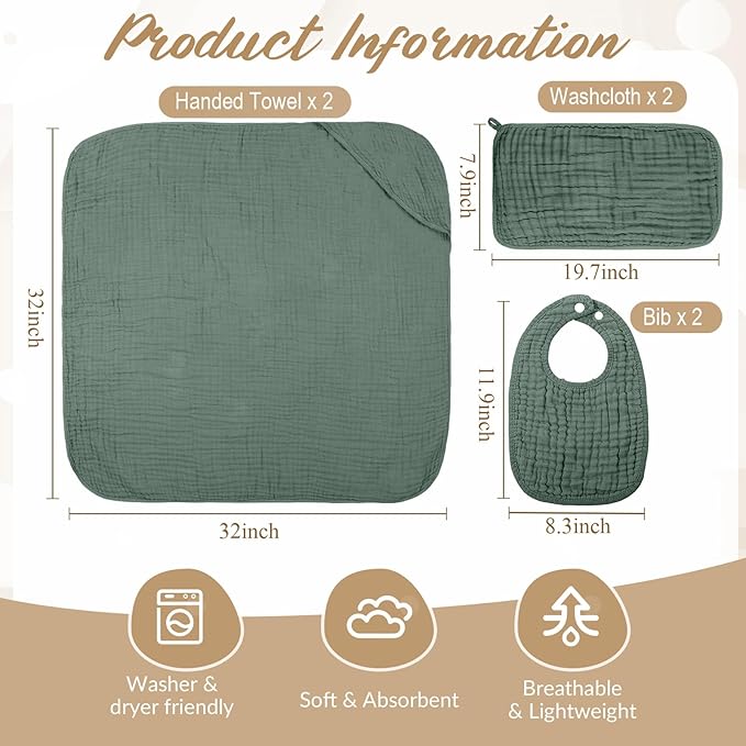 Hahafelt 6 Pcs Muslin Hooded Bath Towels Washcloths and Bibs Set, Muslin Cotton Baby Towels Absorbent Hooded Blanket Towel Infant Bibs for Boys Girls Newborn Infant Essential(Dark Green, Beige)