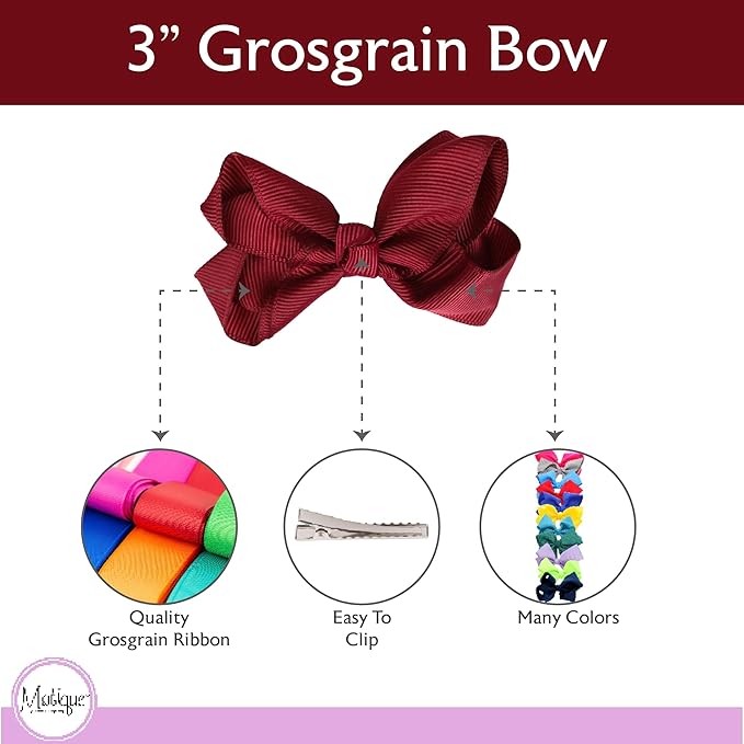 3 Inch Grosgrain Bow for Little Girls- Set of 2 (Burgundy)