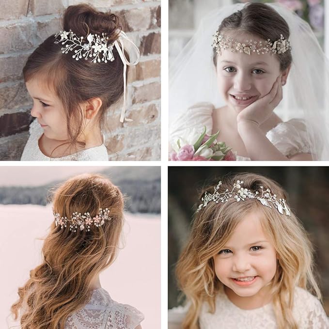 SWEETV Flower Girl Headpiece Silver Princess Wedding Headband -Baby Girls Flower Pearl Hair Accessories for Birthday Party, Photography
