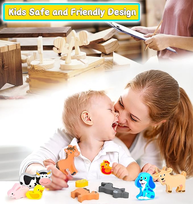 KECIABO Wooden Animal Puzzles Toys for Toddlers,12 Pcs Farm Animal Figures,Animal Matching Sorting Stacking Toys for Boys Child Girls,Educational Learning Toys Gift for Kids