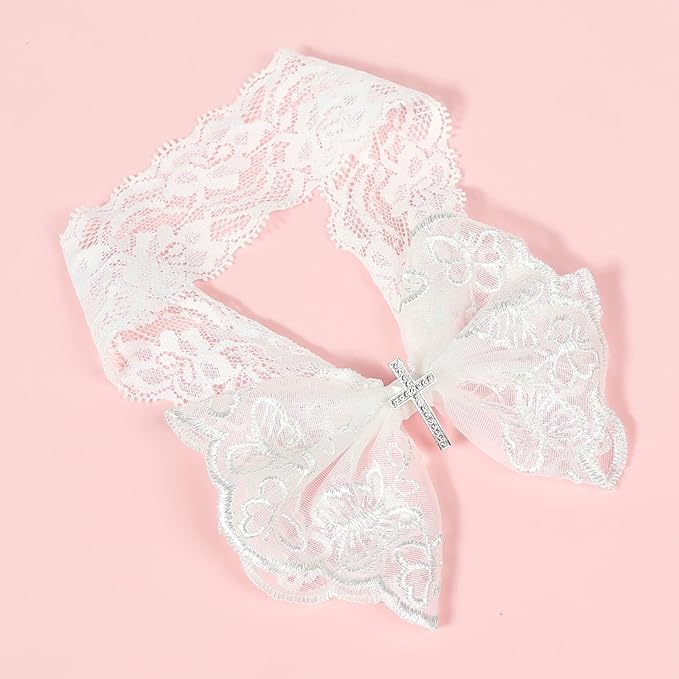 BBTDIN Baptism Christening Headbands Baby Girls Flower Lace Hair Hand White Bow BBG11 (B3-Cross Set)