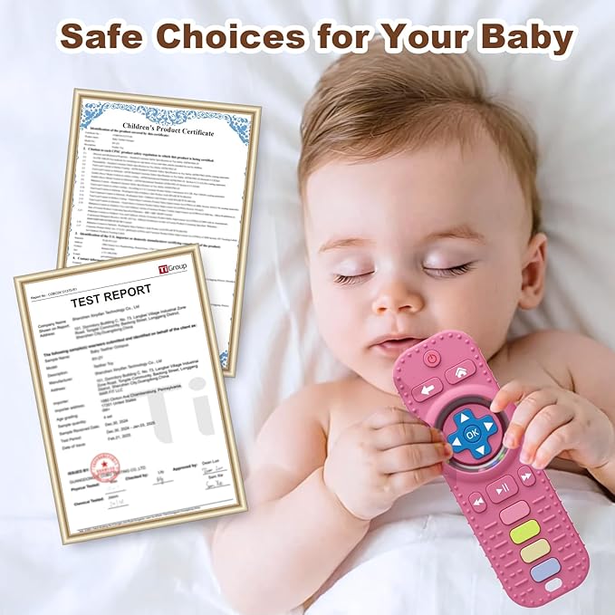 Teething Toys for Baby, Sensory Baby Chew Toy, Rattle Teether Toys for Babies 0-3-6-12 Months, Silicone TV Remote Control Shape for New Baby Gift (Pink)