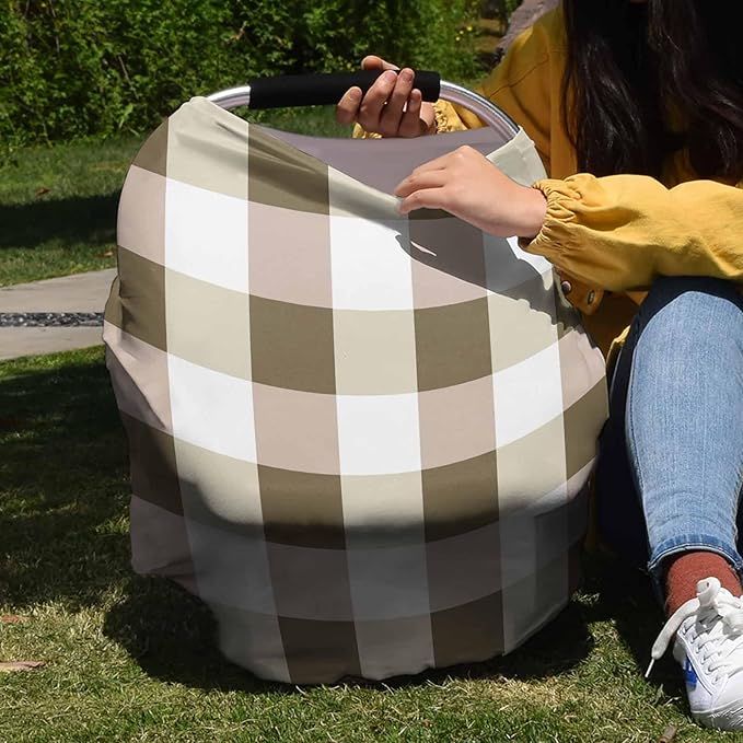 Brown Plaid Car Seat Covers for Babies, Spring Buffalo Checkered Lattice Geometric Nursing Breastfeeding Covers Stretchy Breathable Baby Carseat Canopy Cover for Girls and Boys Shower Gifts