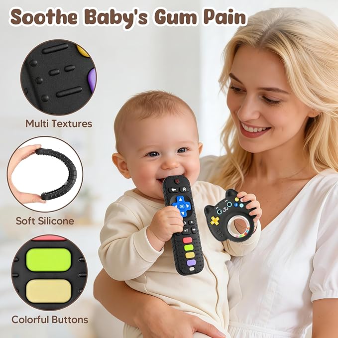 2 Pack Baby Teething Toys for Babies 3-6 6-12 12-18 Months, BPA-Free Silicone Remote Control Rattle Teether Toys, Baby Chew Toys for Teething Relief & Sucking Needs