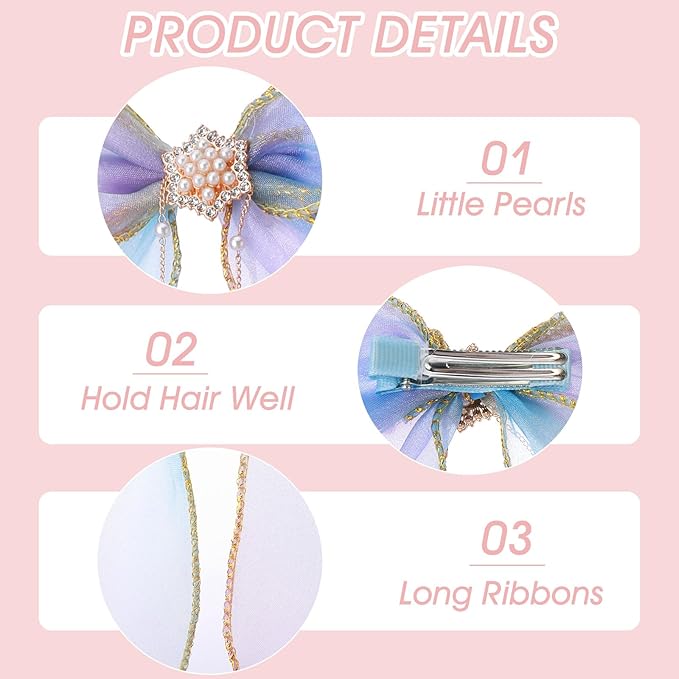 Qianyu 2 PCS Hair Bows for Girls Colorful Little Princess Lace Mesh Hair Clips Extended Ribbon Can Braid Summer Rainbow Bows Alligator Clips for Toddlers Baby Girls Kids Teens (Purple+Blue)