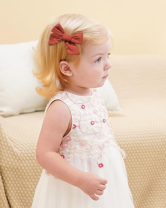 Jollybows 2pcs 3.2" Hair Bows Clips for Baby Girl Christmas Toddler Pigtail Bows Neutral Linen Hair Clip -Brick Red