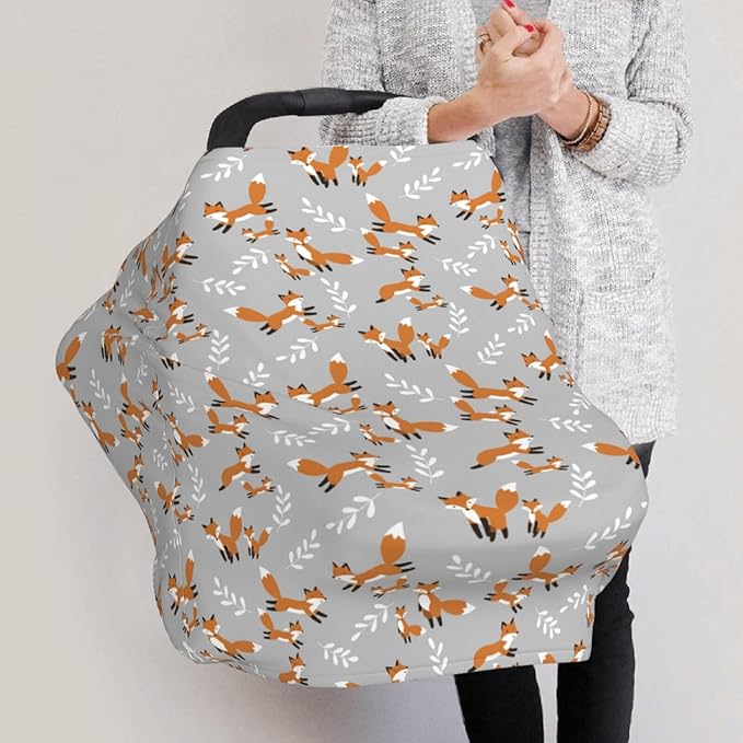 Cute Foxes Leaves Gray Baby Car Seat Covers Carseat Canopy Soft Infant Stroller Cover Nursing Breastfeeding Covers for Girls Boys Newborn