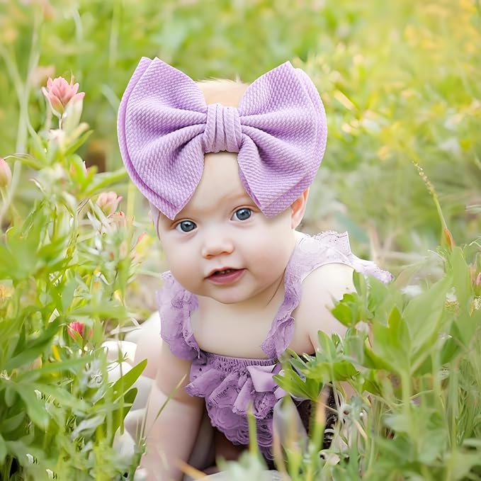 YanJie 2PCS 7'' Super Durable Soft Knot Headbands with Hair Bows Infant Toddlers Kids Hair Accessories Violet Purple Headband for Newborn Baby Girls